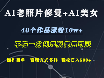 AI老照片修复+AI美女玩发  40个作品涨粉10w+  不花一分钱使用可灵  操作简单  变现方式多样话   轻松日去500+-蓝图副业