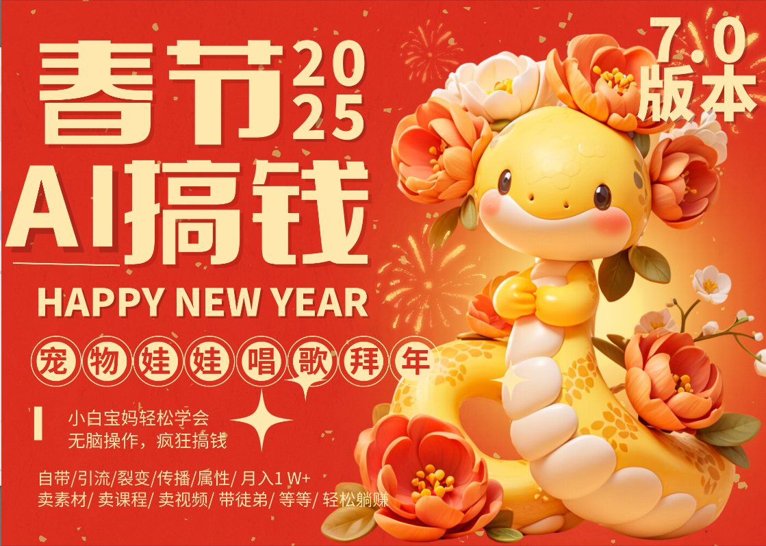 AI春节搞钱7.0升级版 蝴蝶号超火爆萌宠唱歌拜年  AI一键制作 批量出内容   春节做轻松躺赚 每日轻松十分钟  月赚米1W+  抓紧冲！可做视频 可卖素材只带小白和宝妈！-蓝图副业