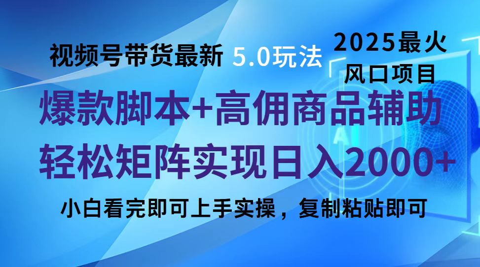 视频号带货最新5.0玩法，作品制作简单，当天起号，复制粘贴，脚本辅助，轻松矩阵日入2000+-蓝图副业