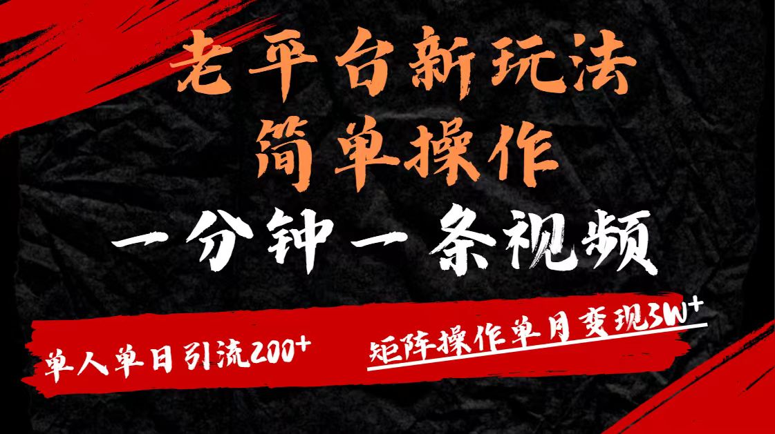 老平台，新玩法，简单操作，一分钟一条视频，单人单人引流200+矩阵操作，单月变现3W-蓝图副业