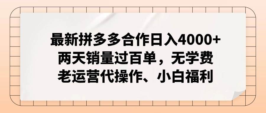最新拼多多合作日入4000+两天销量过百单，无学费、老运营代操作、小白福利-蓝图副业