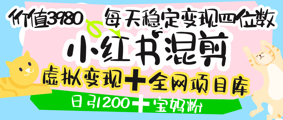 价值3980的小红书混剪， 虚拟变现 ＋全网项目库 ， 日引200+宝妈创业粉，每天稳定四位数变现-蓝图副业