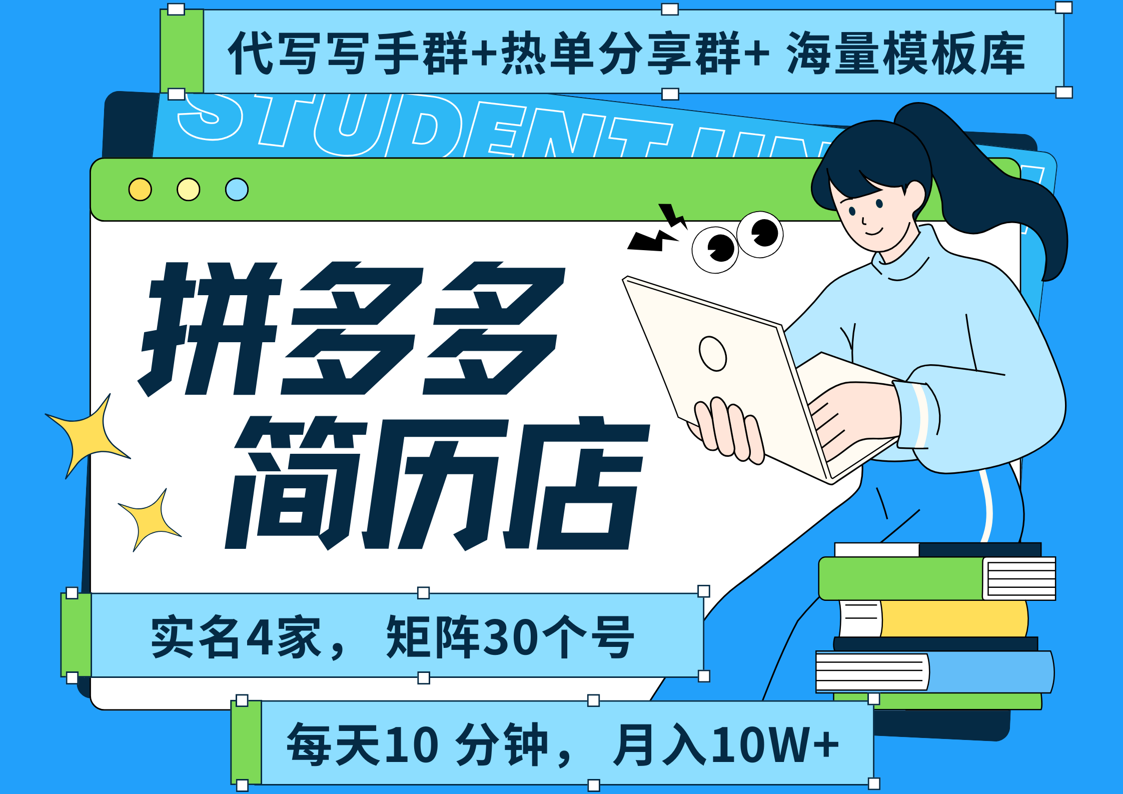 拼多多 虚拟资料 简历 海报代写 全SOP流程 毫无保留分享（含后端资料以及代写渠道）每天十分钟 每人实名四个店  矩阵30个账号  轻轻松松 月入10W-蓝图副业
