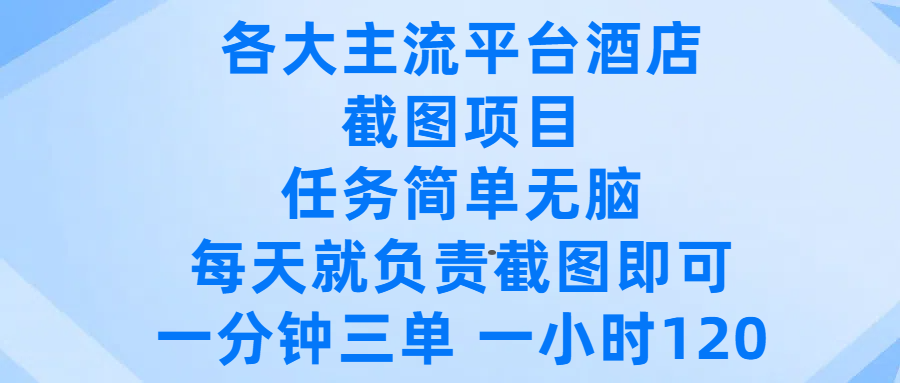 各大主流平台酒店截图项目，任务简单无脑，每天就负责截图即可，一分钟三单 ，一小时可以做120-蓝图副业