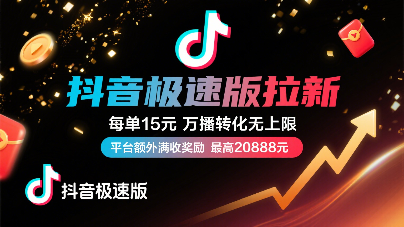 抖音极速版放福利，每单15元，万播转化无上限，平台额外满收奖励，最高可领20888元-蓝图副业