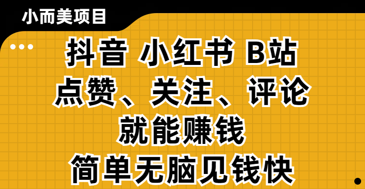 小而美的项目,抖音、小红书、B站视频点赞、关注、评论就能赚钱,简单无脑立见收益!妥妥的零撸项目-蓝图副业
