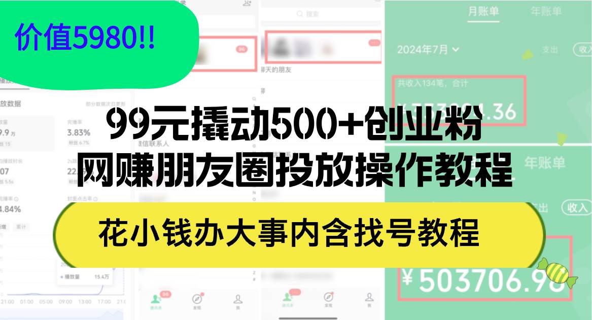99元撬动500+创业粉，网赚朋友圈投放操作教程价值5980！花小钱办大事内…-蓝图副业